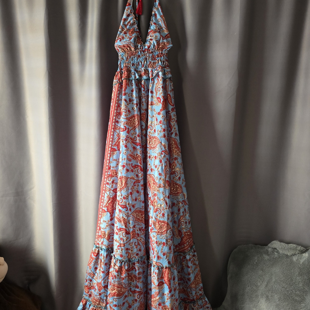 Elegant Blue and Red Paisley Maxi Dress